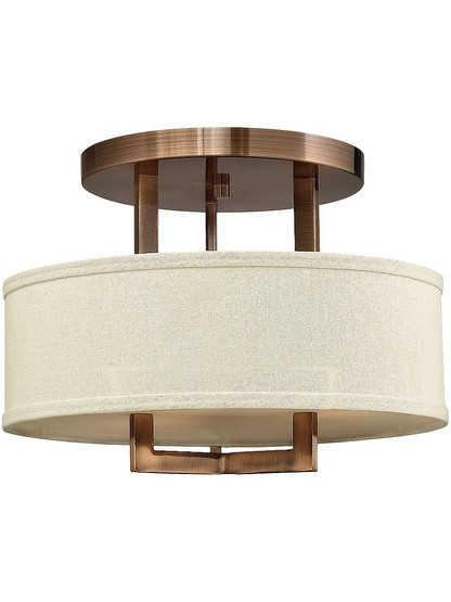 Hampton Small Close Ceiling Light With Linen Drum Shade in Brushed Bronze.